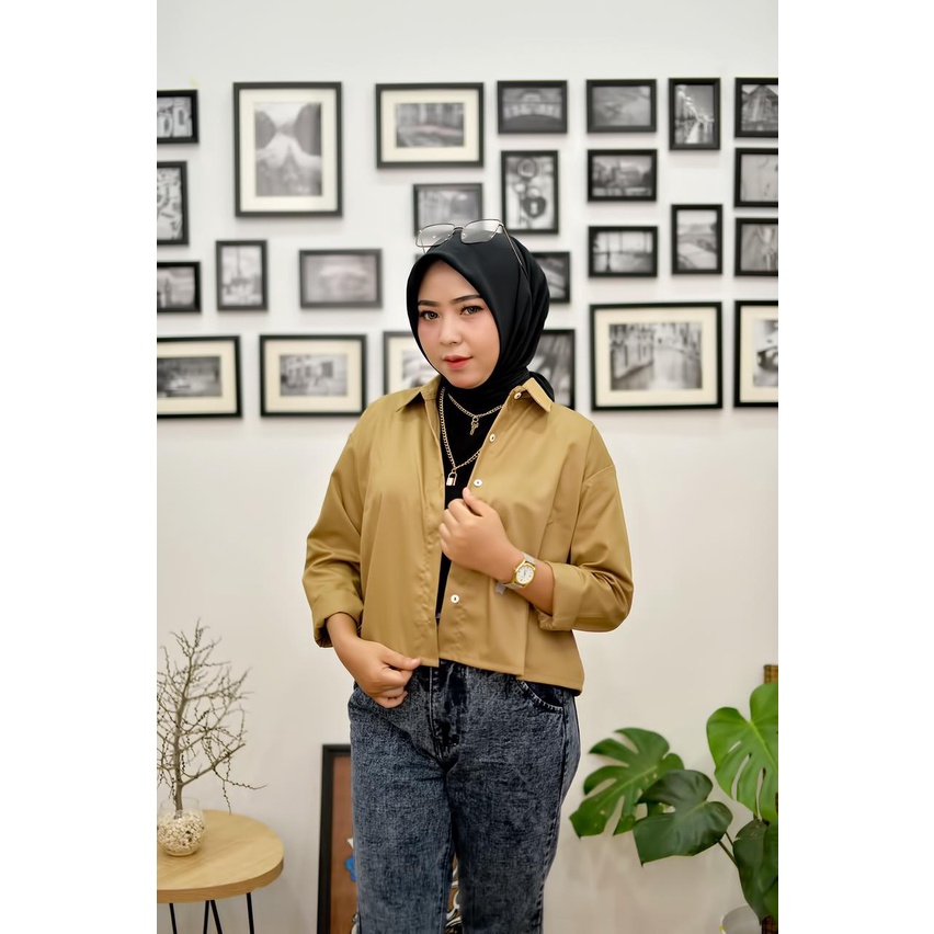 KEMEJA CROP TOP ATASAN LENGAN PANJANG KEKINIAN BLOUSE WANITA NAZELLA SHIRT MURAH TERBARU KEMEJA KROP CASUAL