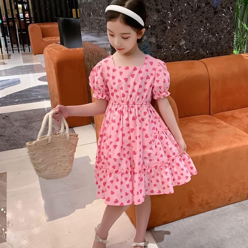 BAJUKIDDIE RIBBON HEART DRESS BAJU CASUAL ANAK CEWEK FASHION KOREA IMPORT KASUAL DAILY SUMMER