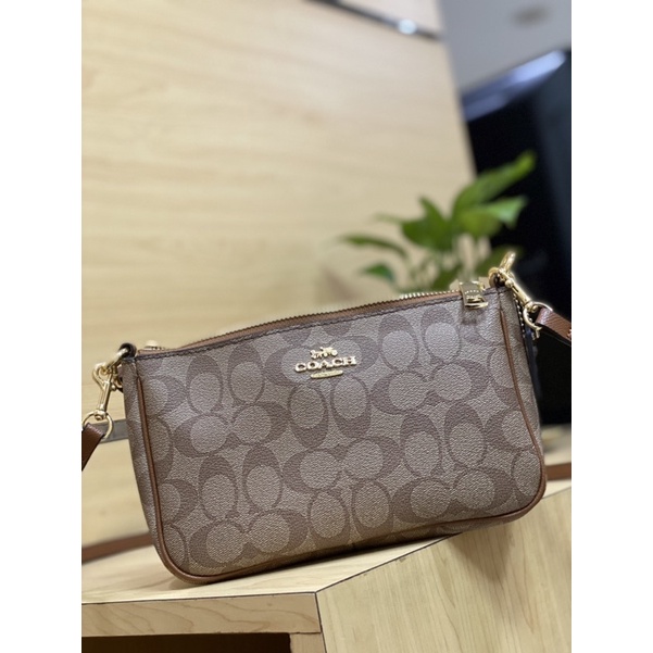 Coach Top Handle Pouch in Signature Khaki Saddle Original 100%