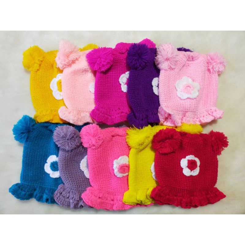 Topi Kupluk Bayi Perempuan Polos Model Pompom Bunga Anak Usia 0 3 6 bulan umur 1 2 3 Tahun thn