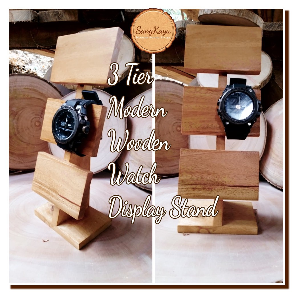 Display jam tangan kayu simple 3 tier wooden watch accessories stand