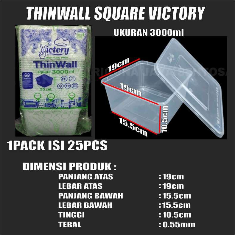 Thinwall SQ 1000ml 1500ml 2000ml 3000ml Per Pack Kotak Makanan Square Plastik Var