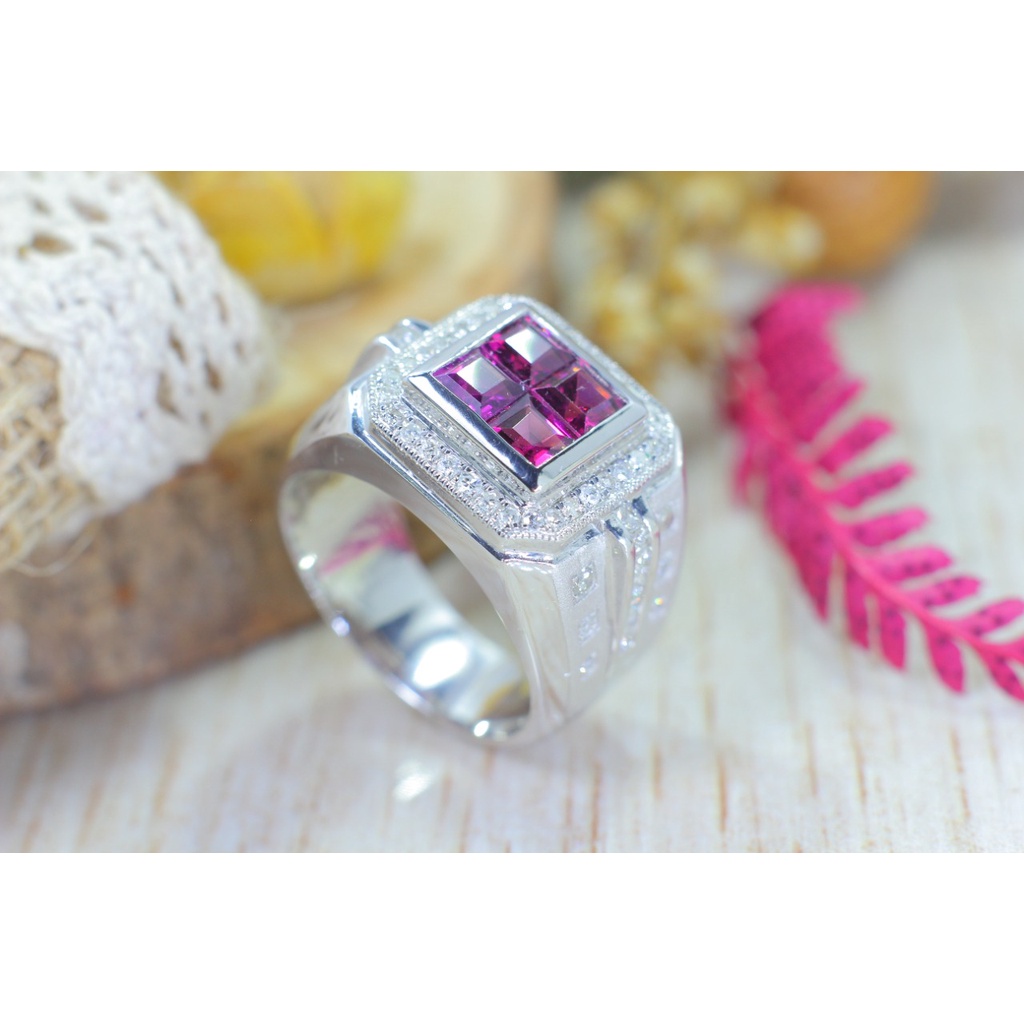 Cincin perak berlian, batu natural rhodolite garnet