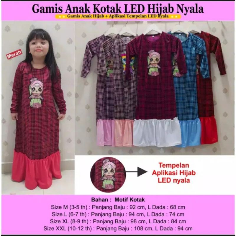 GAMIS ANAK KOTAK LED HIJAB NYALA (GAMIS ANAK MOTIF KOTAK)