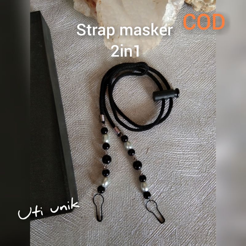 Strap masker kalung masker hijab 2in1 tali pengait masker mutiara hitam