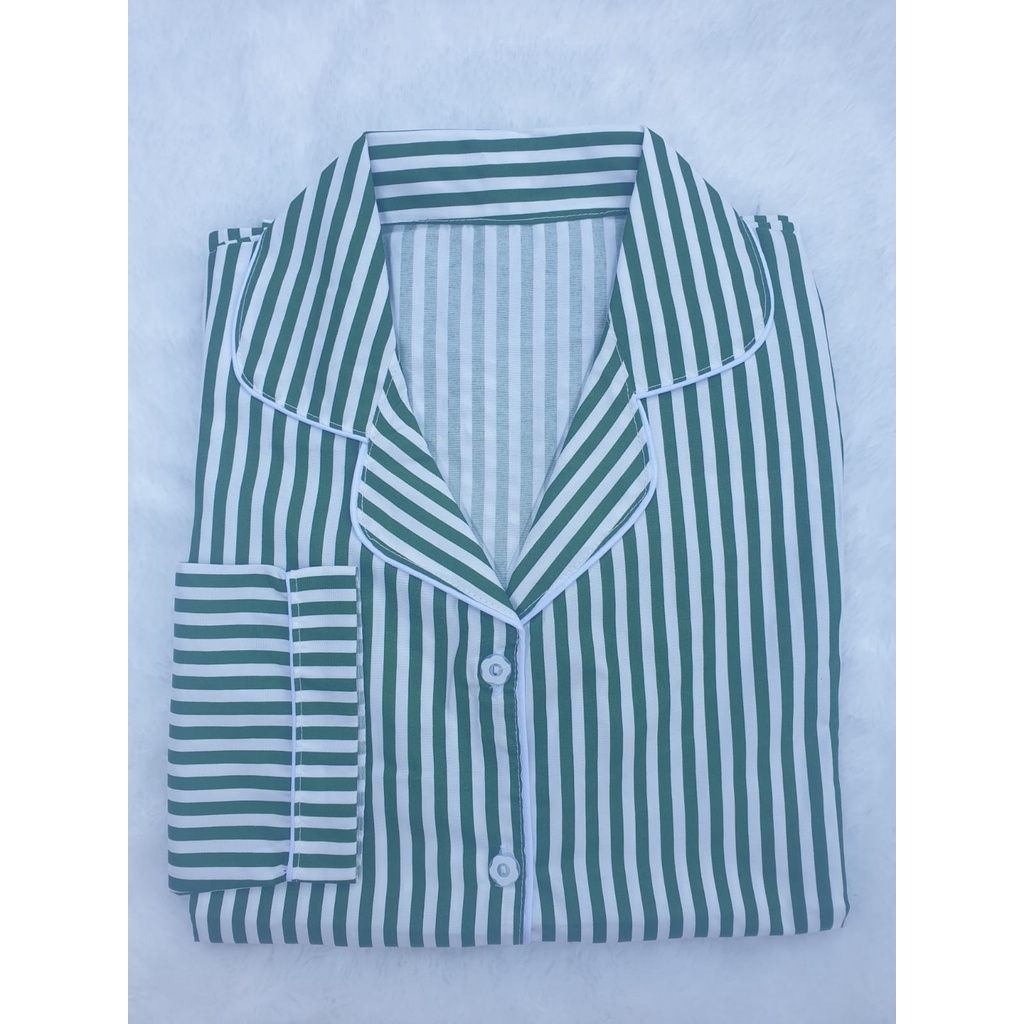 BJ-Piyama PP Wanita Dewasa Salur - Baju Tidur Lengan Panjang-Salur Hijau Botol