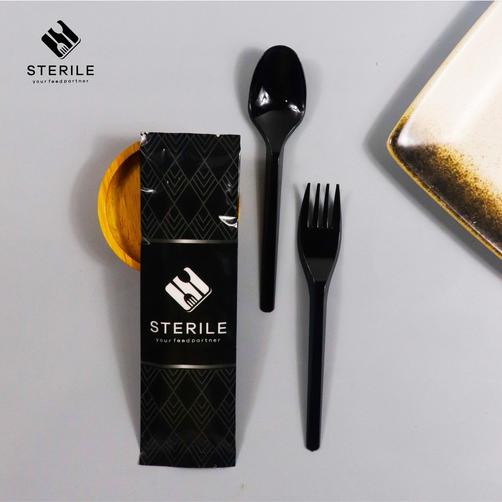 PROMO sendok garpu plastik set sterile / sendok garpu plastik hitam set / sendok garpu hitam murah