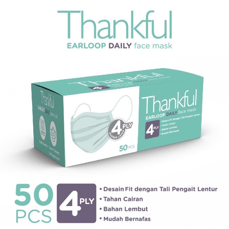 Masker Thankful earloop 4ply isi 50 pcs