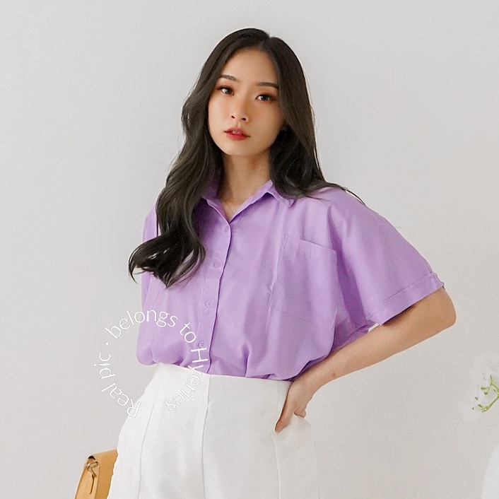 HYERIES Soomin Shirt / Kemeja Casual Wanita / Kemeja Polos Lengan Pendek / Basic Shirt / Collar short sleeves shirt / Atasan casual wanita / Kemeja kantor / Kemeja oversize / Kemeja jumbo / Kemeja kerja / Atasan korea / Kemeja Korea / Kemeja hitam