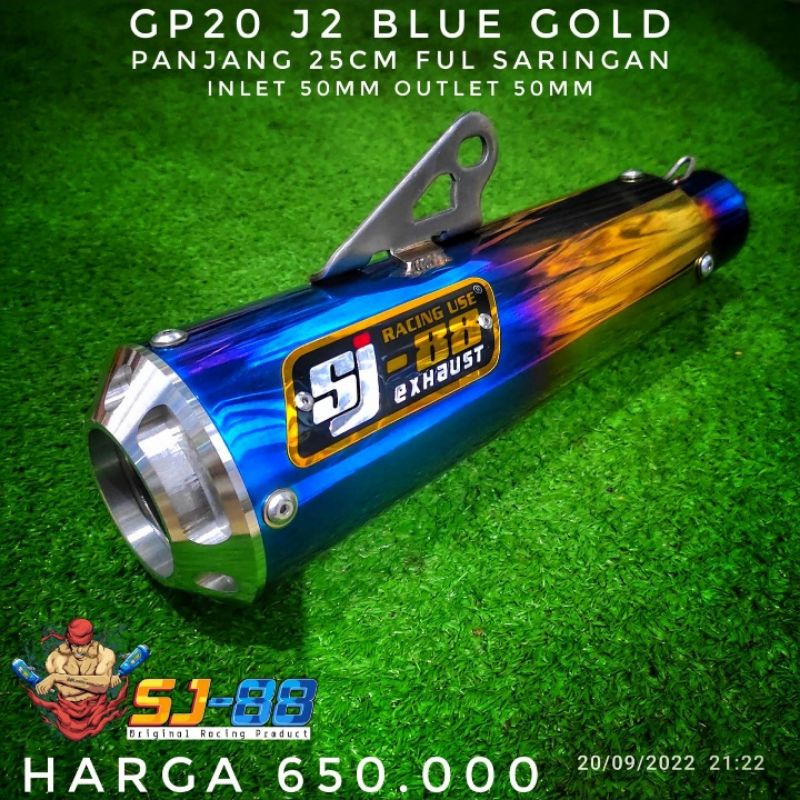 Slincer Silincer Knalpot SJ88 GP20 J2 Blue Gold 25 cm Full Saringan In Out 50 mm