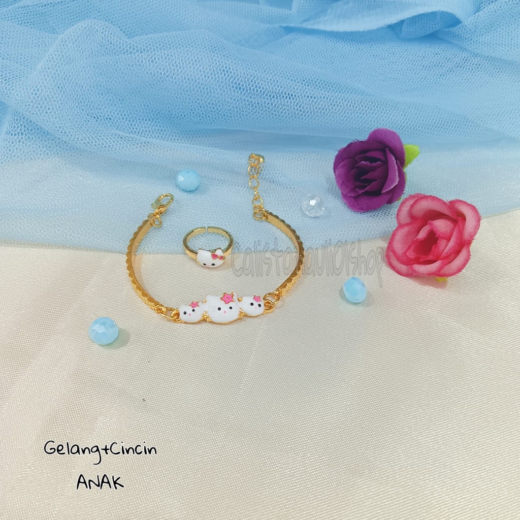 GELANG+CINCIN ANAK KITTY GOLD PERHIASAN EMAS KOREA ANTI KARAT DAN ANTI LUNTUR