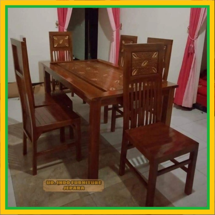 meja makan kursi kayu jati motif ukir daun