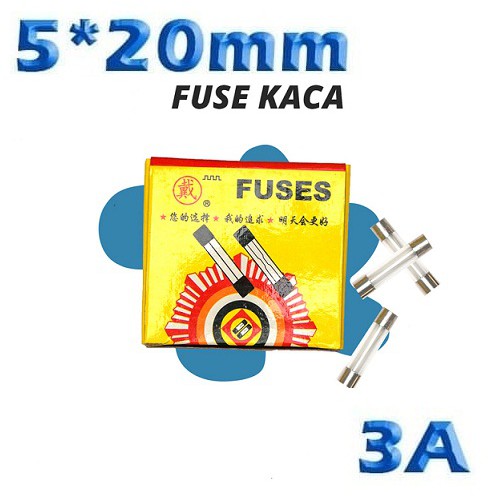 x10 Fuse Kaca 3A ukuran 5x20 mm Kecil 250VAC sekring sekering glass 5*20 isi 10 Buah