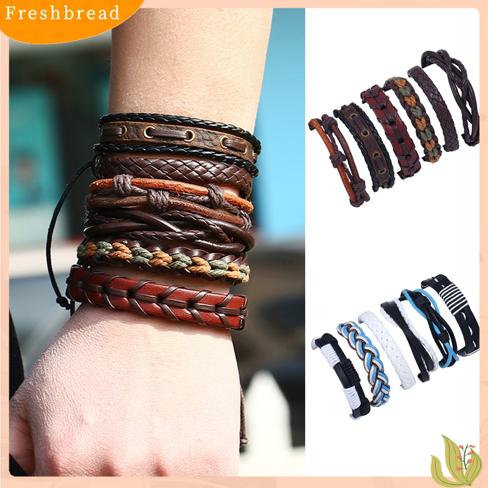 [TERLARIS]6Pcs Men Faux Leather Braided Rope Wristband Bracelet Set Vintage Jewelry Gift