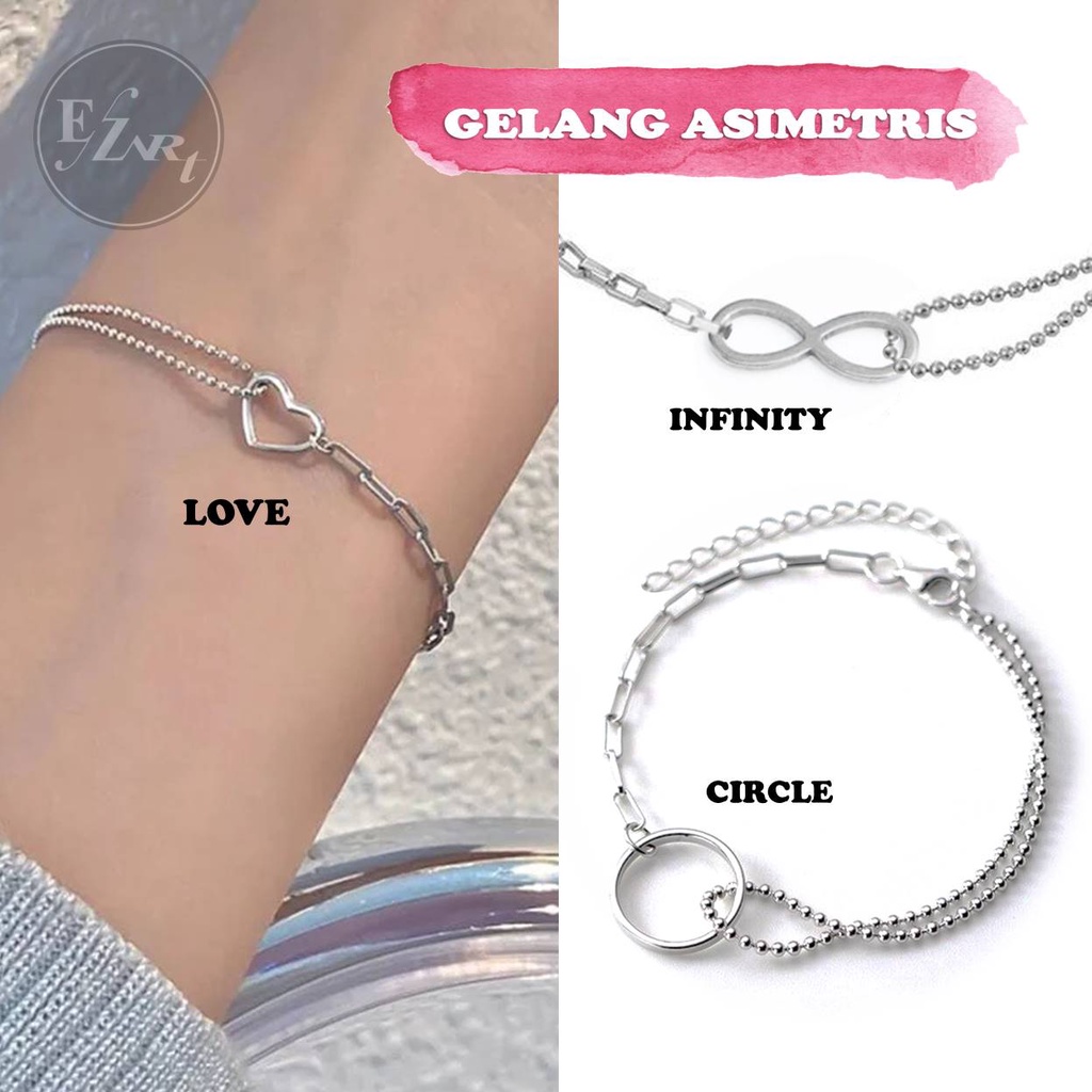 GELANG GEOMETRI ASIMETRIS CHARM LOVE / INFINITY / CIRCLE RANTAI OVAL LADA BAHAN STAINLESS STEEL ANTI KARAT