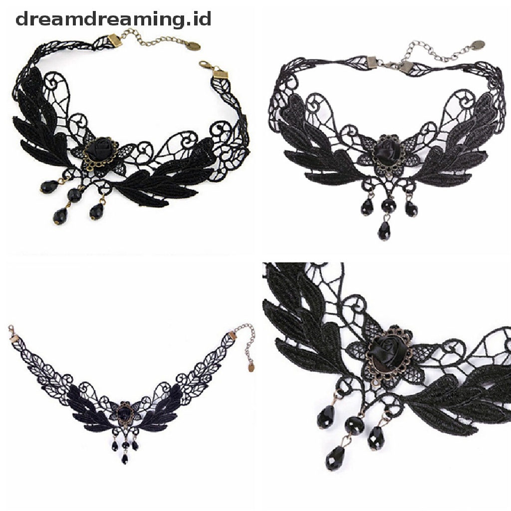 Dreamdreaming.id Kalung Choker Wanita Bahan Lace Hias Mawar Hitam