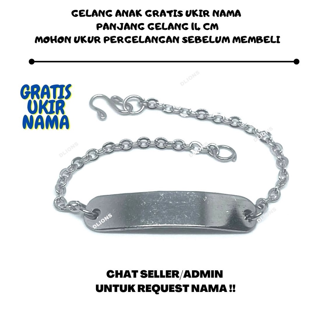 GELANG NAMA ANAK,GELANG ANAK BAJA PUTIH,GELANG MONEL ANTI KARAT PANJANG 14 CM