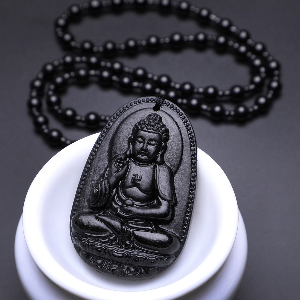 Kalung Liontin Obsidian Imitasi Desain Shio Budha Untuk Priawanita