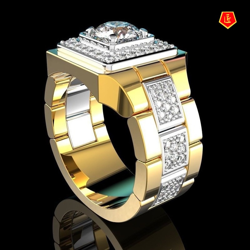 [Ready Stock]Men's Moissanite Watch Shape Ring Gold Two-Tone