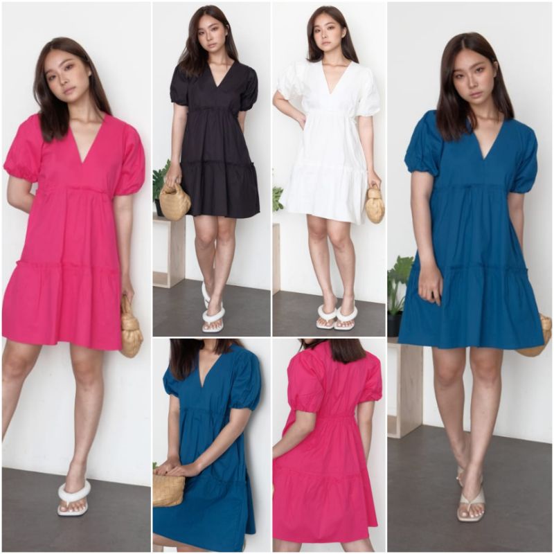 ⚡️ CLEARANCE SALE ♡ PREMIUM ♡ ORIGINAL ! ALLEA PLAIN V-NECK RUFFLE LAYER MINI FLARE  DRESS