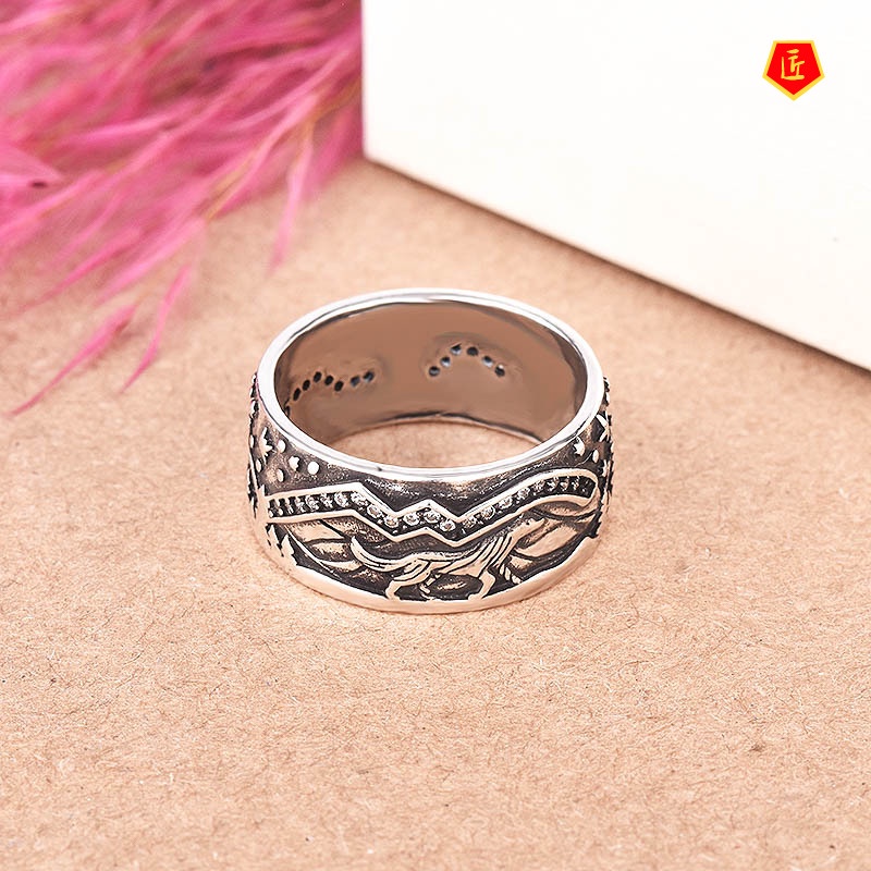 [Ready Stock]925 Retro Carved Loyal Wolf Inlaid Diamond Couple Ring