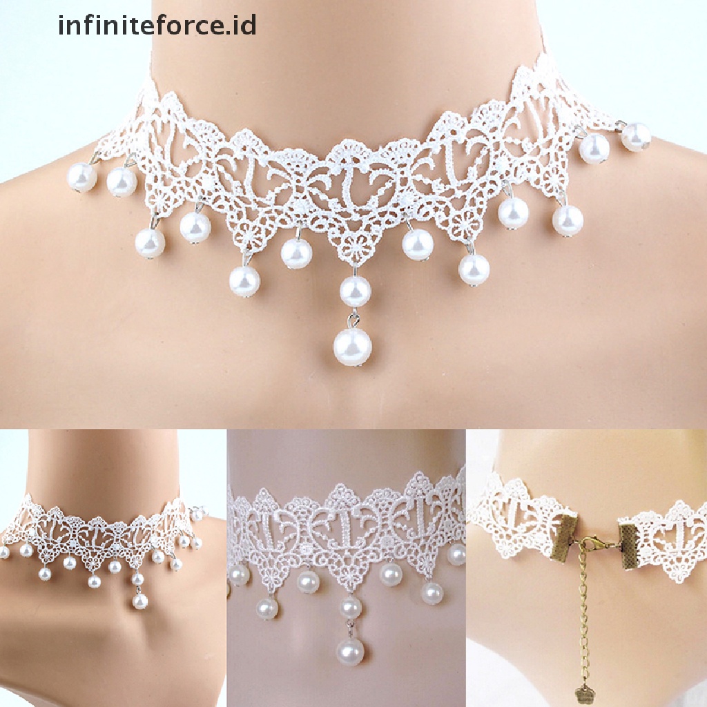 Kalung Choker Bahan Lace Aksen Mutiara Untuk Wanita