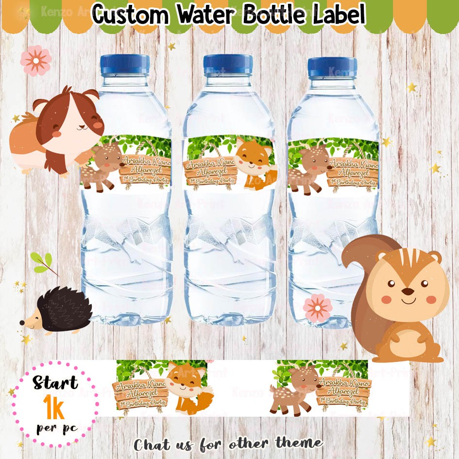 

label aqua custom, stiker custom untuk botol minum tema woodland