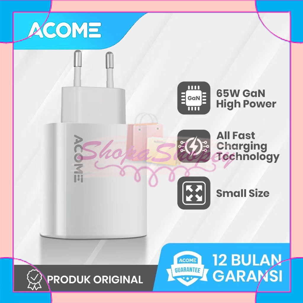 Charger ACOME ACG65 Charger GaN 65W High Power 2 Port Support All Fast-Charging Technology Garansi Resmi 1 Tahun