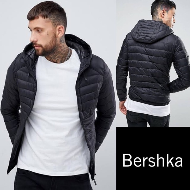BERSHKA puffer hooded jacket (black)