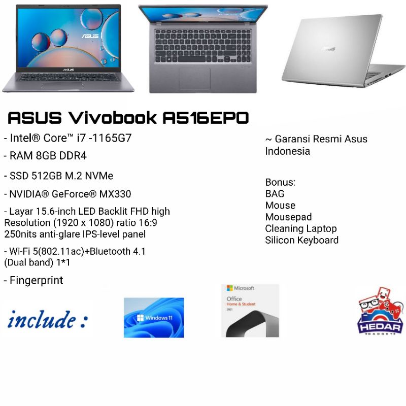 Asus Vivobook A516EPO i7 1165G7 8GB 512GB Nvidia Mx330 W11 OHS 15 FHD