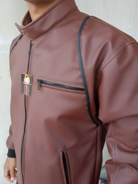 Jaket pria Jaket motor Jaket Ariel | Jaket Semi Kulit Model Ariel Coklat List Hitam