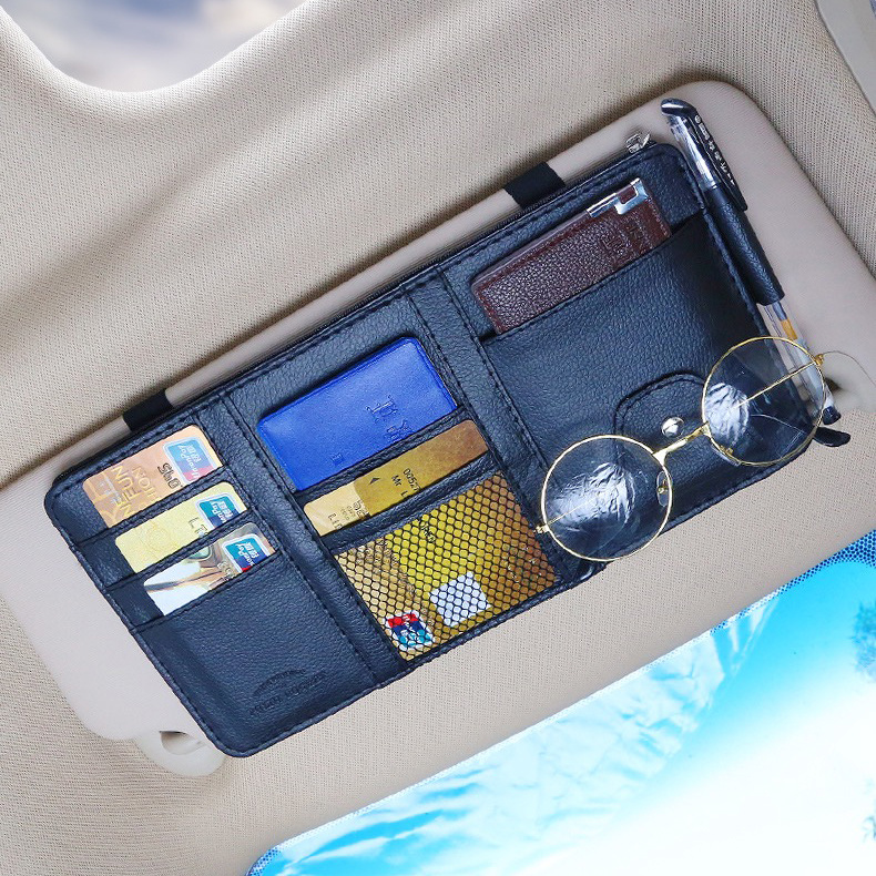 Tas Penyimpanan Mobil Sun Visor Organizer Multifungsi PU Leather Card Holder Kartu Sim Kacamata Klip Holder Aksesoris Interior