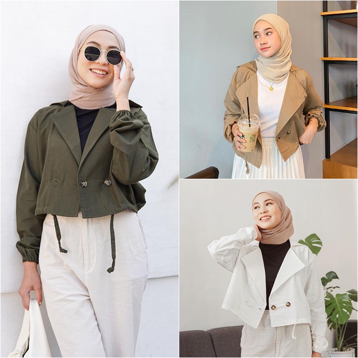 BLAZER WANITA KOREA - ADARA BLAZER POLOS LINEN RAMI TALI DEPAN AKTIF - BLAZER CROP WANITA '