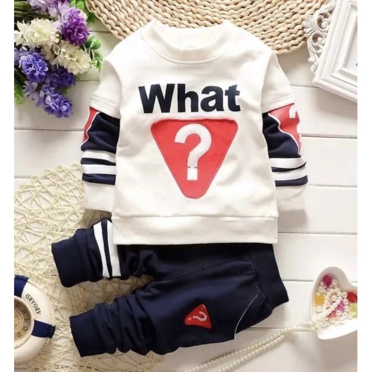 setelan anak sweater dan celana anak motif what 1-5 tahun grosir