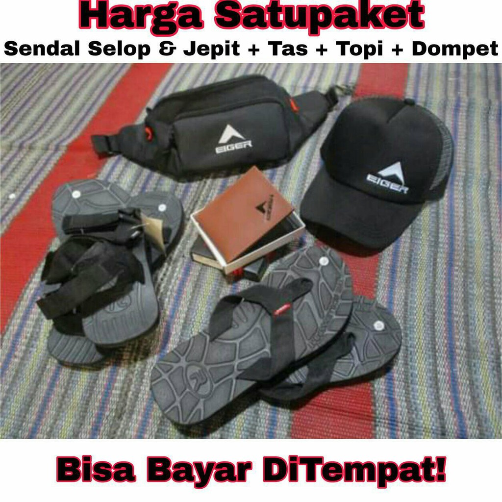 PAKET 5in1 BIGSALE sandal pria gunung//sandal jepit pria//tas pinggang//topi//dompet pria HARGA SATU