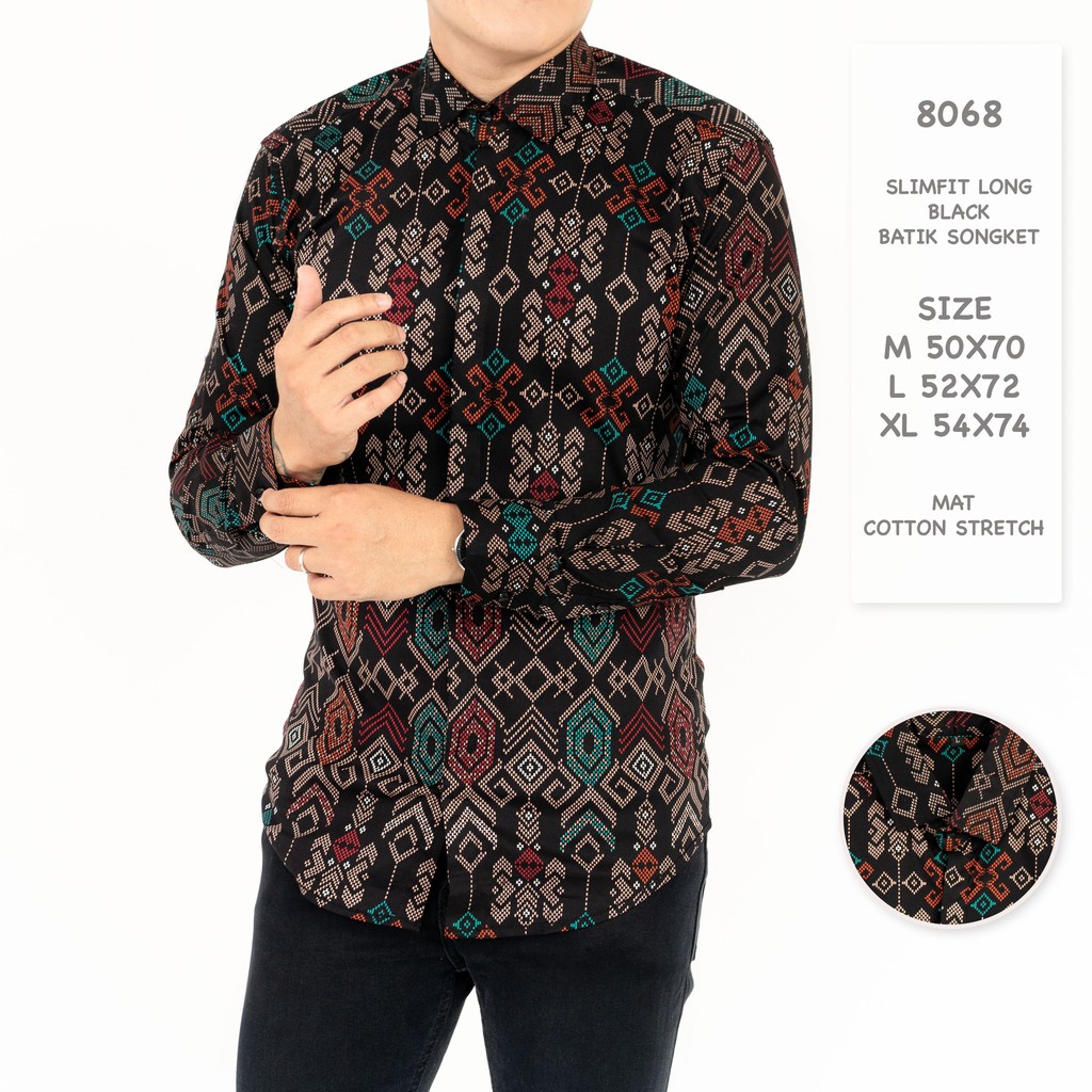 Freypv 8068 Slimfit Long Black Batik Songket M-xl Kemeja Batik A