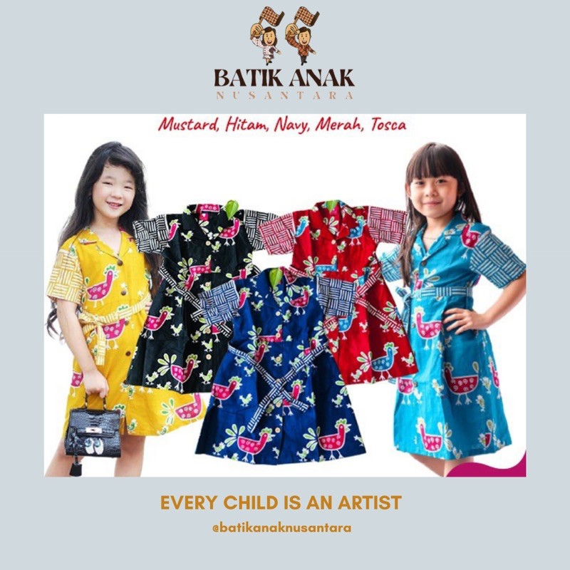 Dress Kimono Anak Batik Motif Ayam| Dress Kerah Anak Colorful| Dress Kimono Kuning Merah Hitam Biru