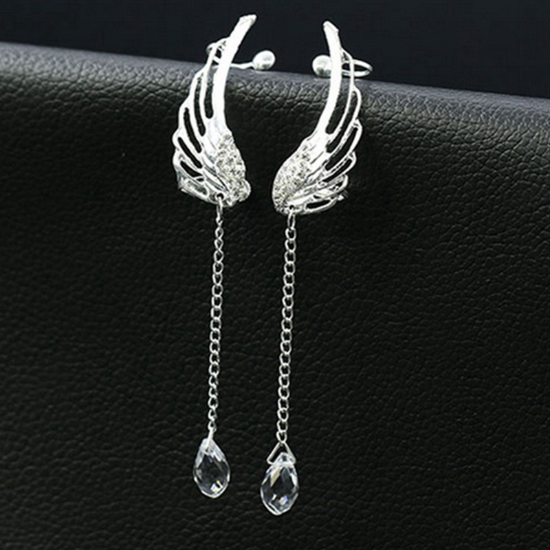 Fancyqube Anting Tusuk Gantung Plating Silver Desain Sayap Malaikat Hias Kristal Gaya Bohemian Untuk Wanita