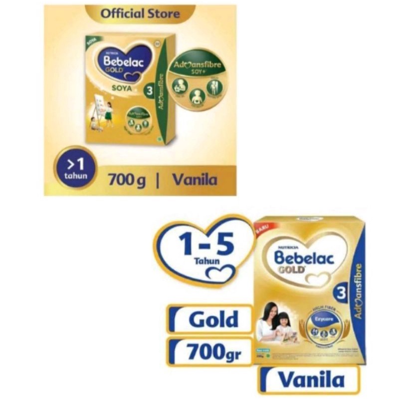 Bebelac Gold 3 &amp; Bebelac Soya Rasa Vanila dan Madu 700gr exp 2024