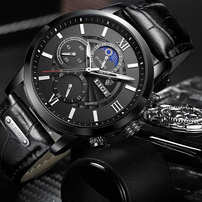 BAYAR DITEMPAT✔️LIGE 2022 terbaru original jam tangan pria tali kulit anti air olahraga kronograf jam tangan + kotak|KD7