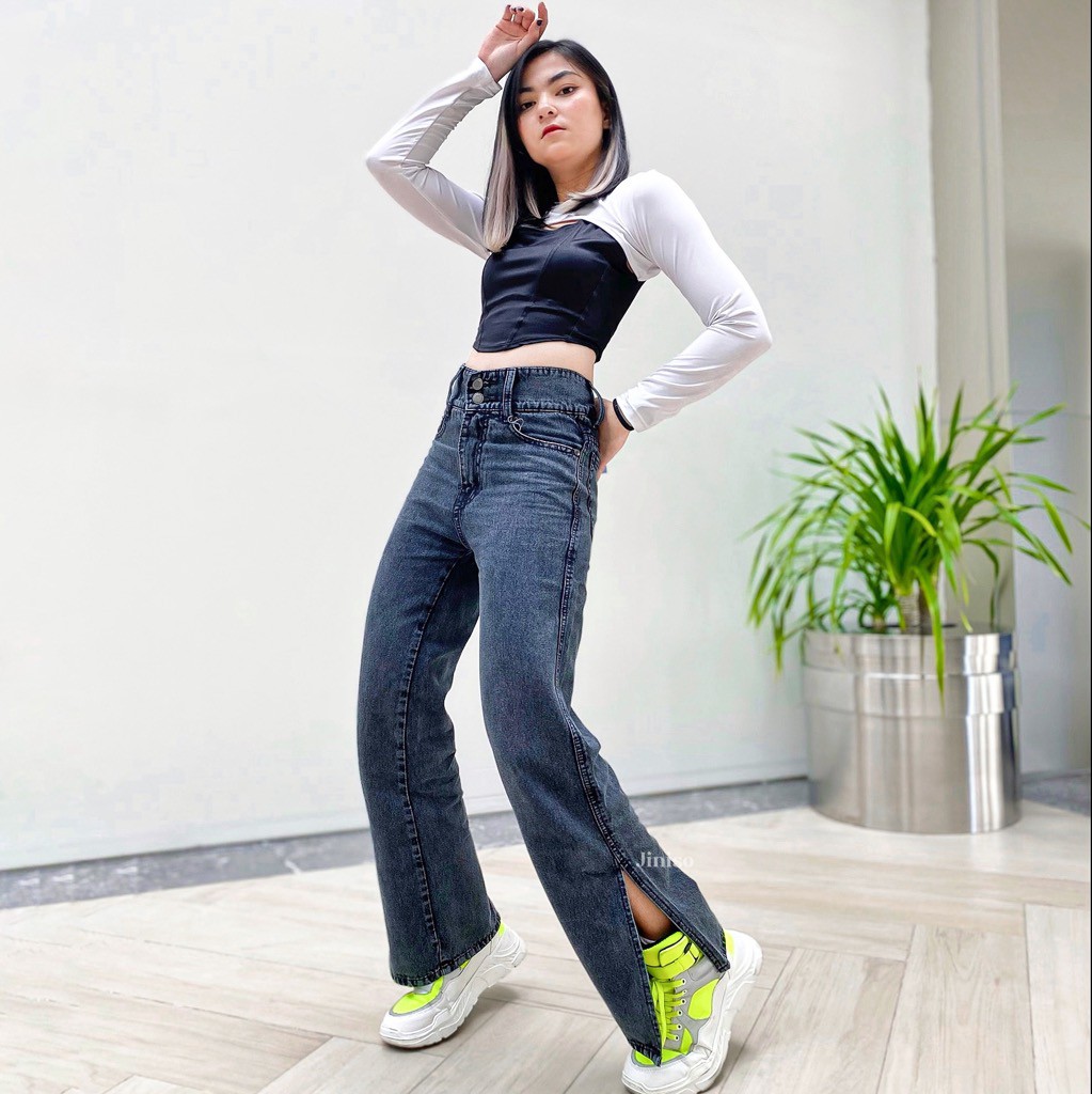 Jual JINISO Highwaist Loose Slit Jeans 882 892 HANGOVER Indonesia