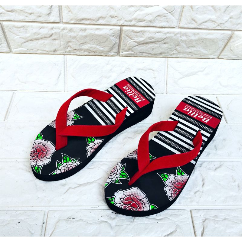 SANDAL WANITA WEDGES MOTIF BUNGA SPON SANDAL LUCU MURAH