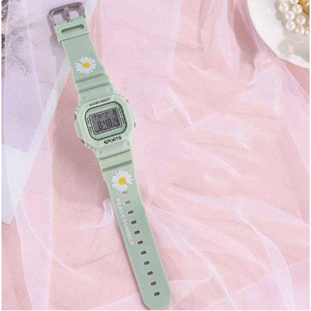 JAM TANGAN DIGITAL WANITA MOTIF BUNGA KOREA STYLE RUBBER-Bunga hijau