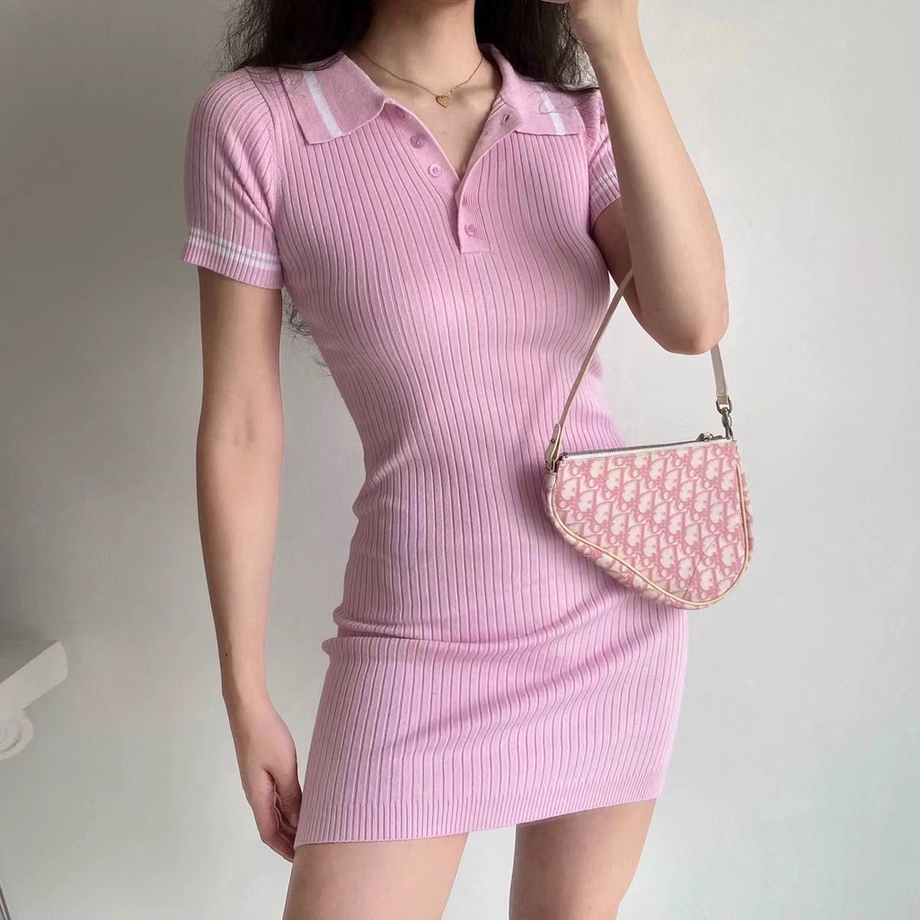 Korean Knit Bodycon Collar Mini Dress Wanita Rajut 2527