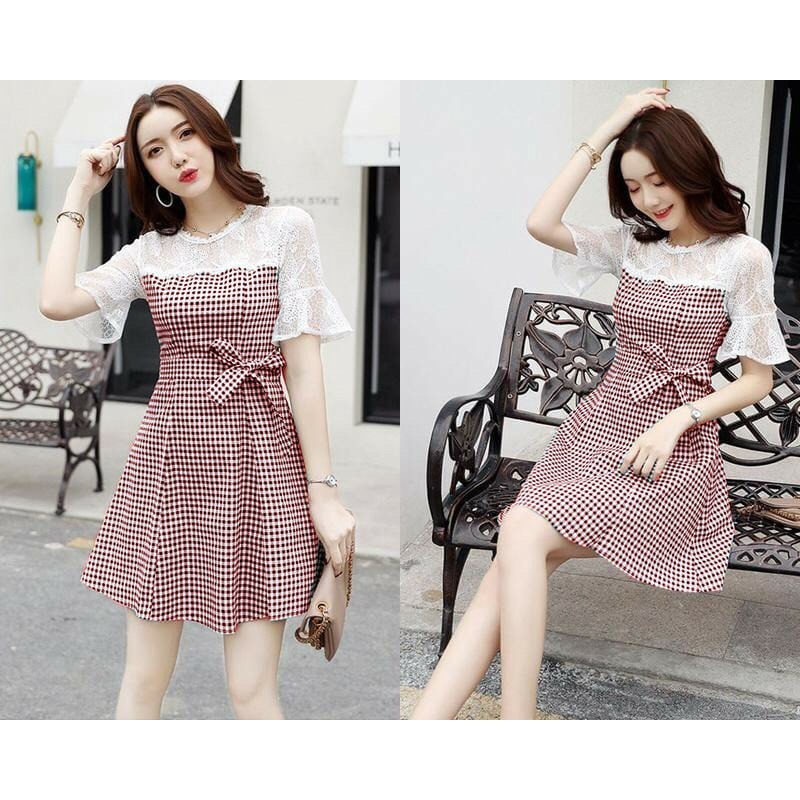 WSE390 - Dress Chikita UK Fit L To XL LD 100 CM PJ 85 CM Katun Kombinasi Brukat Dress Motif Kotak-kotak PREMIUM QUALITY