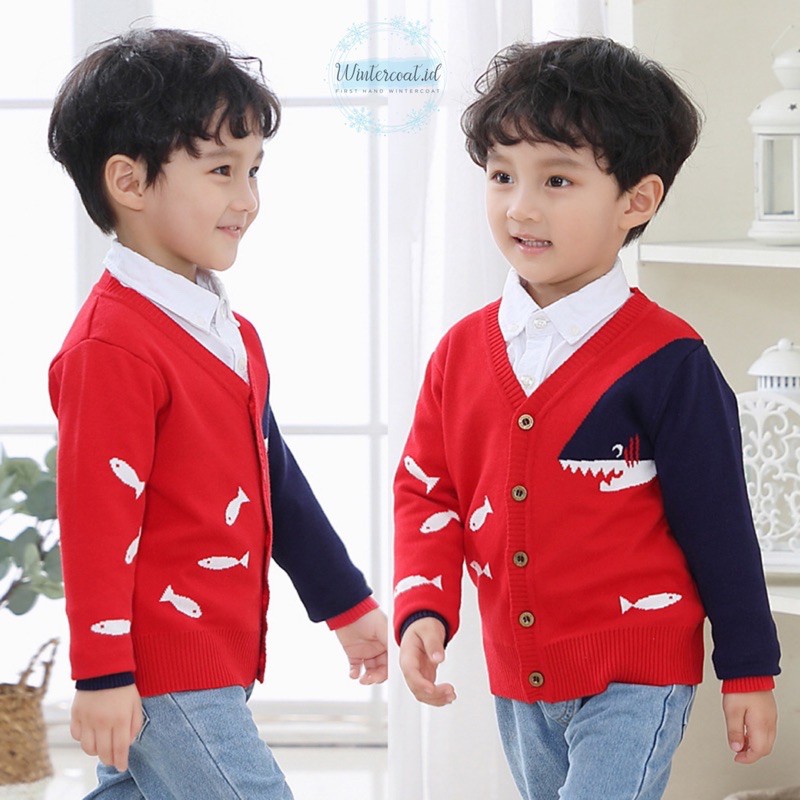 Cardigan kids import kardigan anak hangat cowok korea winter tebal baby shark gunung