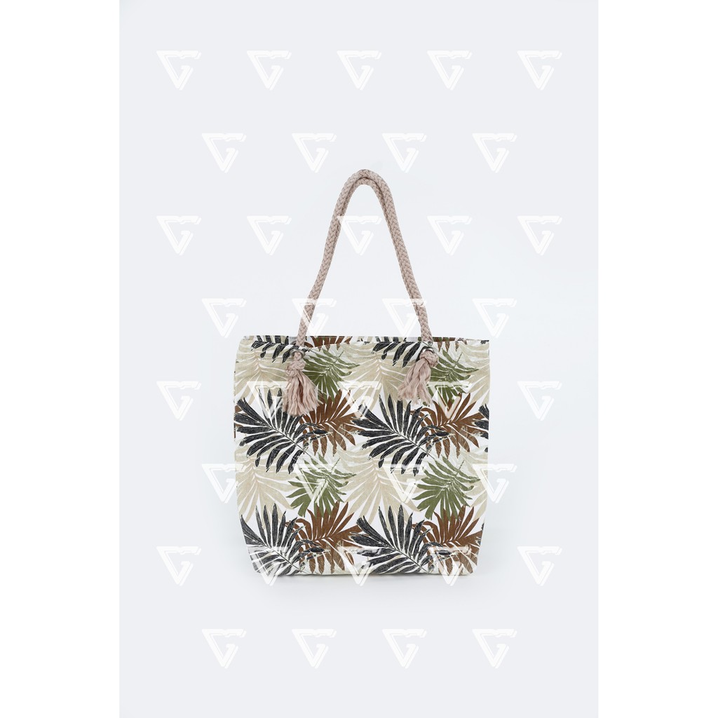 Tote Bag Kanvas Tali Sumbu - Tas Totebag Wanita Talisumbu Kanvas Motif Palm Hijau