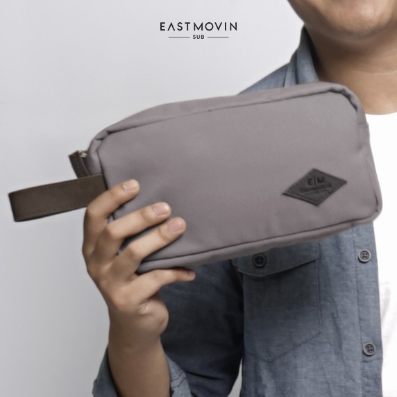 Tas Tangan Handbag EASTMOVIN Rakia Pouch Cowok Grey Bahan Kanvas TEBAL &amp; Kulit ASLI