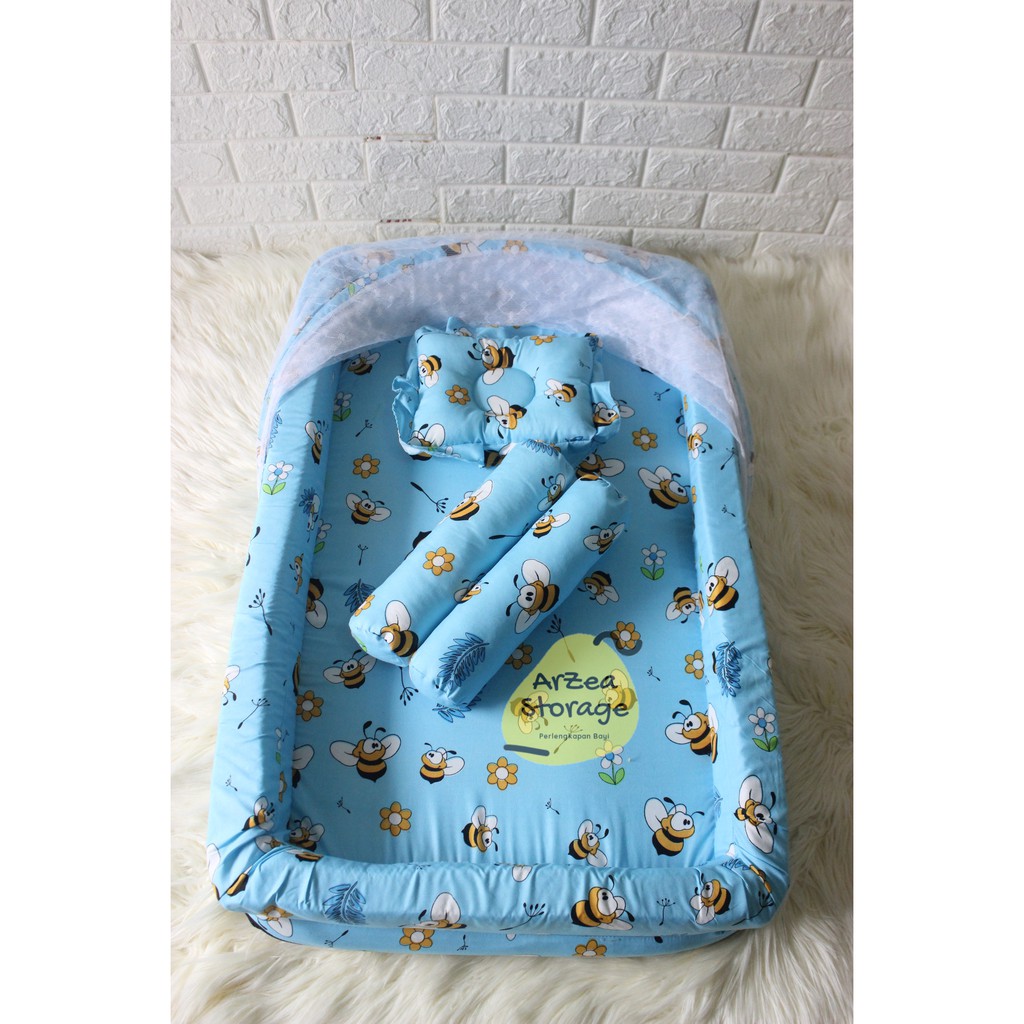 Kasur bayi set kelambu bantal dan guling model kolam lebah biru