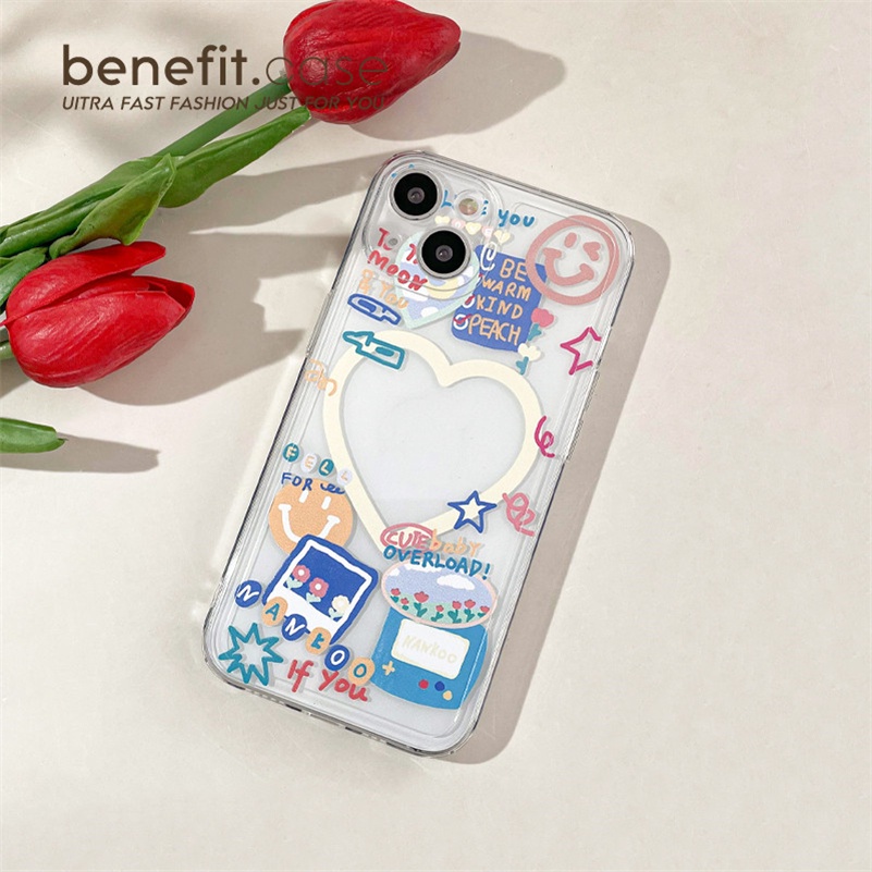 Soft Case Silikon Transparan Motif Graffiti Hati Untuk Compatible for iPhone 14 13 12 11 Pro Max X Xr Xs Max SE 2020 iPhone 8 7 6 6s Plus Fashion Cartoon Graffiti Heart-shaped Phone Case Clear Silicone Shockproof Phone Protective Cover